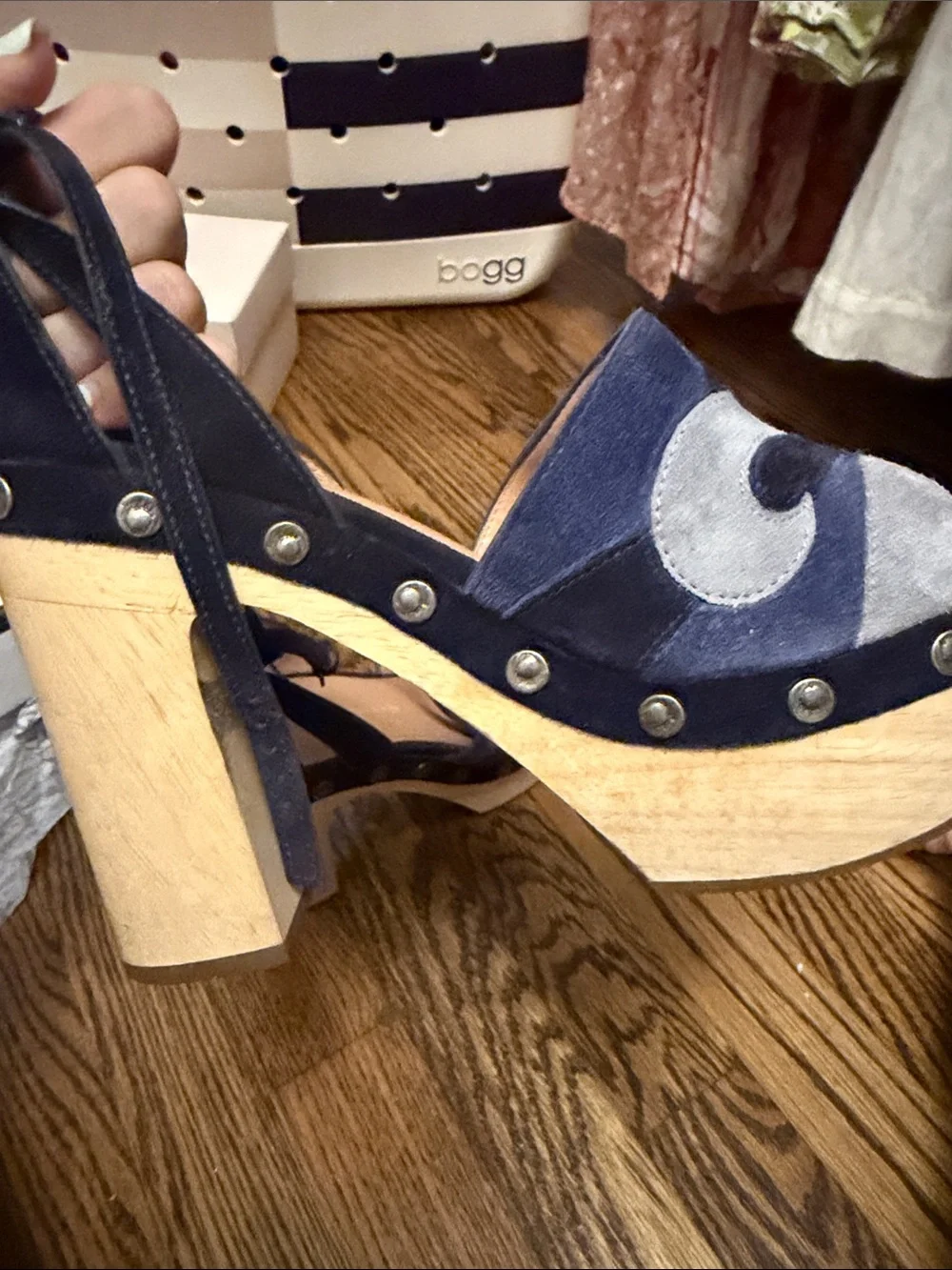 Sigerson Morrison Navy and Gray Suede Platform Sandals with Wood Heel